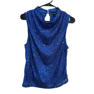 Cable & Gauge Blue Sequin Sleeveless Top High Neckline Keyhole Back Sz Large